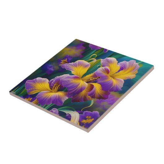 Iris Floral Paarse en goudblauwe bladeren Tegeltje (Zijkant)