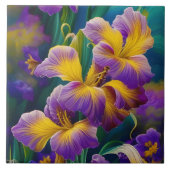 Iris Floral Paarse en goudblauwe bladeren Tegeltje (Voorkant)