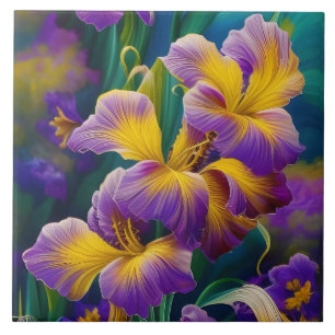 Iris Floral Paarse en goudblauwe bladeren Tegeltje