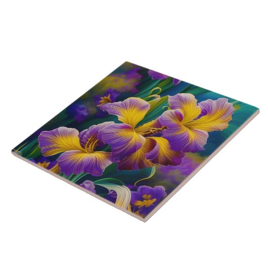 Iris Floral Paarse en goudblauwe bladeren Tegeltje (Zijkant)