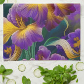 Iris Floral Paarse en goudblauwe bladeren Theedoek (Gevouwen)