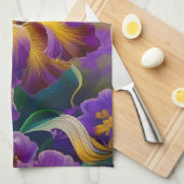 Iris Floral Paarse en goudblauwe bladeren Theedoek (Quarter Fold)