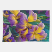 Iris Floral Paarse en goudblauwe bladeren Theedoek (Horizontaal)