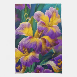 Iris Floral Paarse en goudblauwe bladeren Theedoek