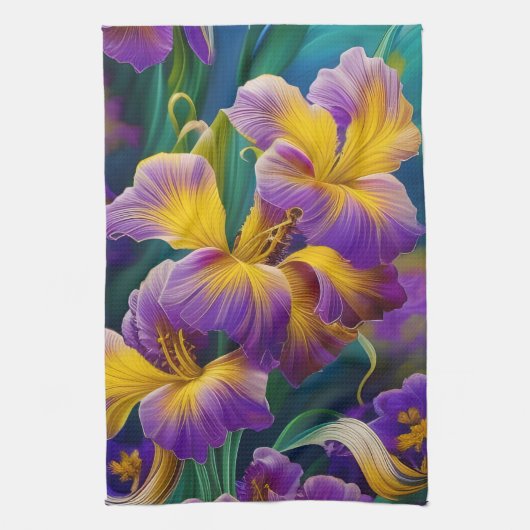 Iris Floral Paarse en goudblauwe bladeren Theedoek (Verticaal)