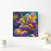 Iris Floral Paarse en goudblauwe bladeren Vierkante Klok (Huis)
