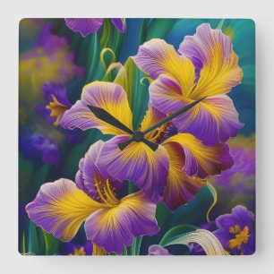 Iris Floral Paarse en goudblauwe bladeren Vierkante Klok