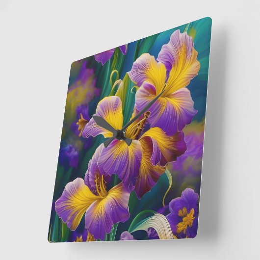 Iris Floral Paarse en goudblauwe bladeren Vierkante Klok (Hoek)