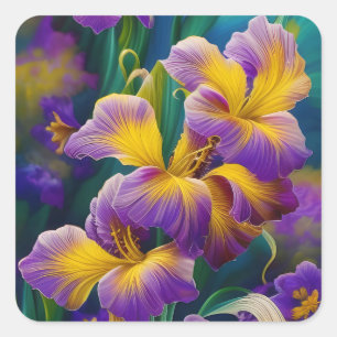 Iris Floral Paarse en goudblauwe bladeren Vierkante Sticker
