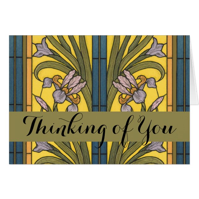 Iris Flower Art Nouveau Glas in lood blauw goud (Voorkant Horizontaal)