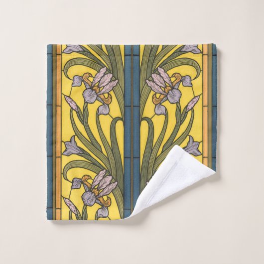 Iris Flower Art Nouveau Glas in lood blauw goud Bad Handdoek (Wasdoekje)