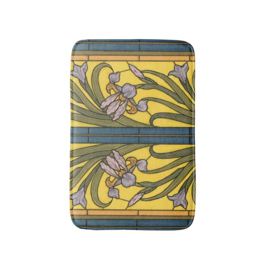 Iris Flower Art Nouveau Glas in lood blauw goud Badmat (Voorkant Verticaal)