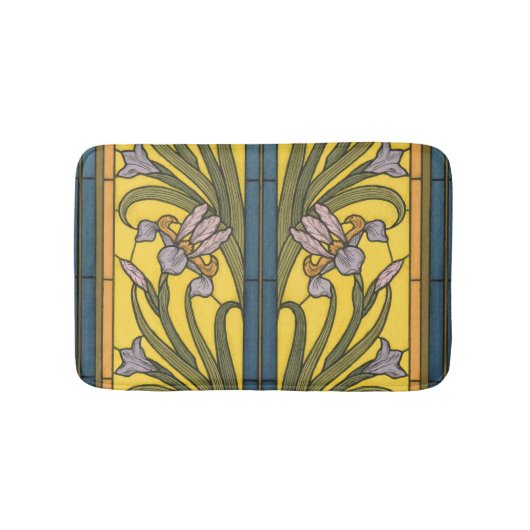 Iris Flower Art Nouveau Glas in lood blauw goud Badmat (Voorkant)