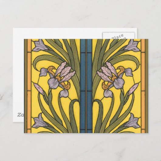 Iris Flower Art Nouveau Glas in lood blauw goud Briefkaart (Voorkant / Achterkant)