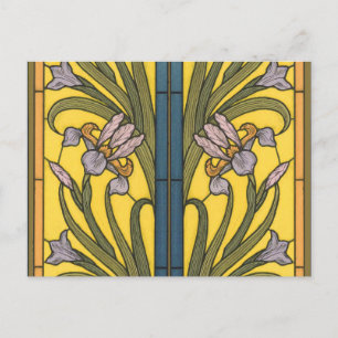 Iris Flower Art Nouveau Glas in lood blauw goud Briefkaart