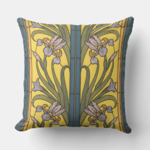 Iris Flower Art Nouveau Glas in lood blauw goud Buitenkussen