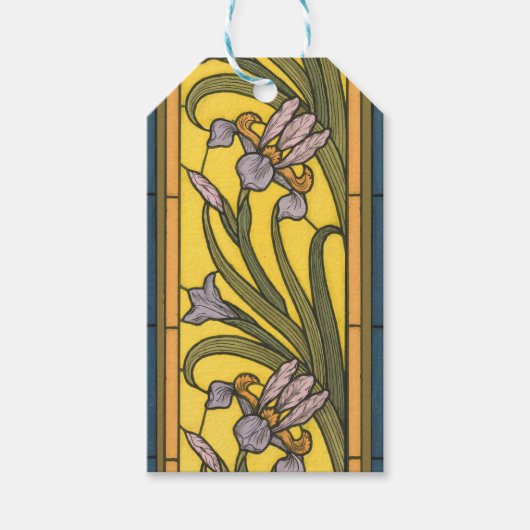 Iris Flower Art Nouveau Glas in lood blauw goud Cadeaulabel (Voorkant)