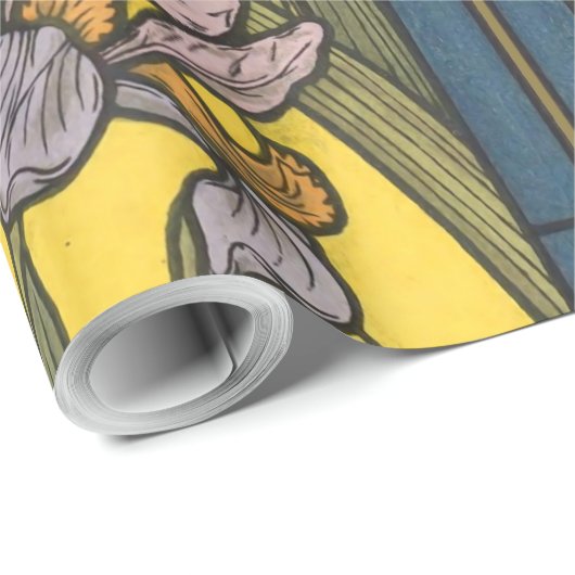 Iris Flower Art Nouveau Glas in lood blauw goud Cadeaupapier (Rol Hoek)