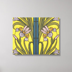 Iris Flower Art Nouveau Glas in lood blauw goud Canvas Afdruk