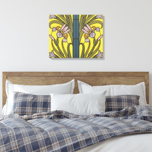 Iris Flower Art Nouveau Glas in lood blauw goud Canvas Afdruk (Insitu (Slaapkamer))