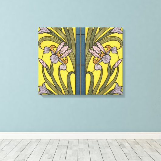 Iris Flower Art Nouveau Glas in lood blauw goud Canvas Afdruk (Insitu (Houten vloer))