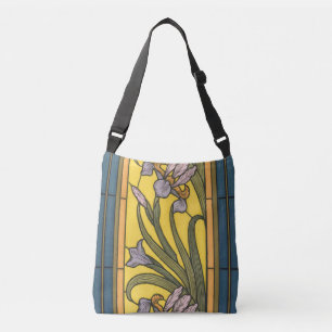 Iris Flower Art Nouveau Glas in lood blauw goud Crossbody Tas
