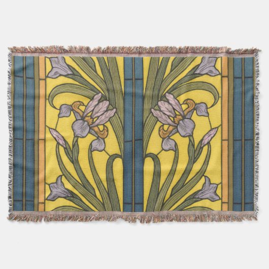 Iris Flower Art Nouveau Glas in lood blauw goud Deken (Voorkant)
