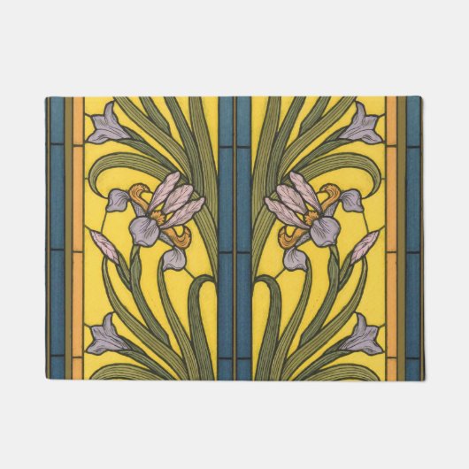 Iris Flower Art Nouveau Glas in lood blauw goud Deurmat (Voorkant)