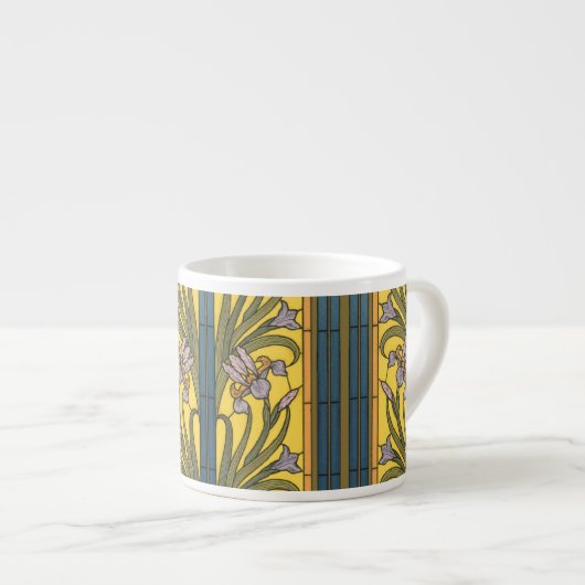 Iris Flower Art Nouveau Glas in lood blauw goud Espresso Kop (Voorkant rechts)