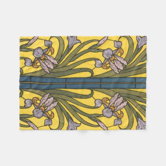 Iris Flower Art Nouveau Glas in lood blauw goud Fleece Deken (Voorkant (Horizontaal))