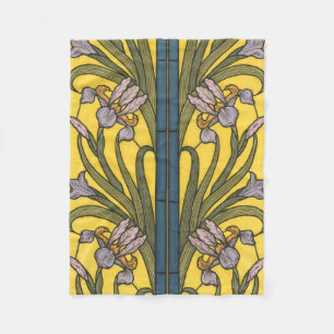 Iris Flower Art Nouveau Glas in lood blauw goud Fleece Deken