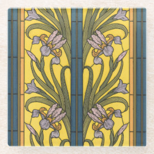 Iris Flower Art Nouveau Glas in lood blauw goud Glazen Onderzetter