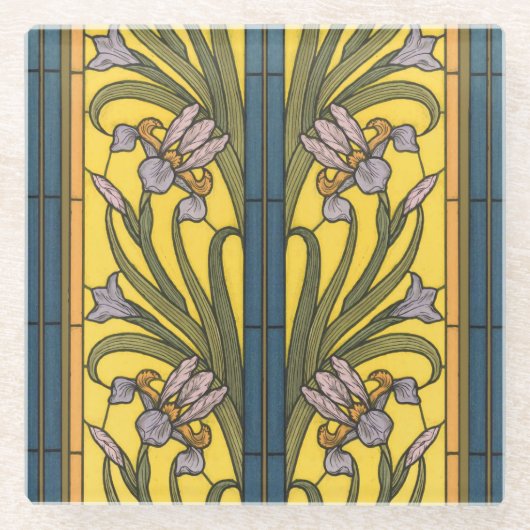 Iris Flower Art Nouveau Glas in lood blauw goud Glazen Onderzetter (Voorkant)
