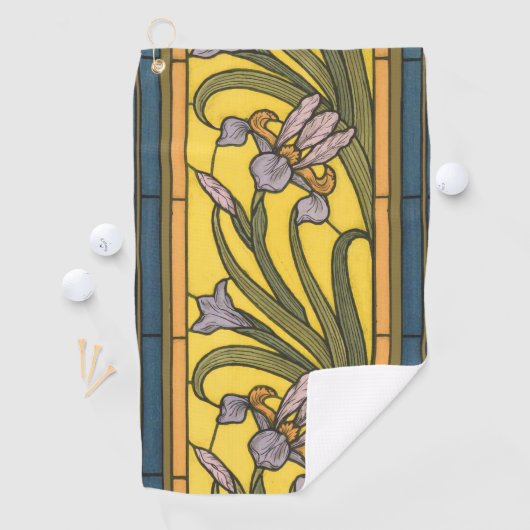 Iris Flower Art Nouveau Glas in lood blauw goud Golfhanddoek (Insitu)