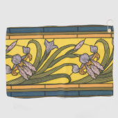 Iris Flower Art Nouveau Glas in lood blauw goud Golfhanddoek (Horizontaal)