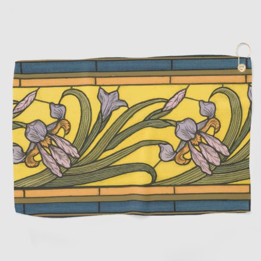 Iris Flower Art Nouveau Glas in lood blauw goud Golfhanddoek (Horizontaal)