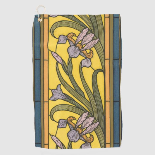 Iris Flower Art Nouveau Glas in lood blauw goud Golfhanddoek (Voorkant)