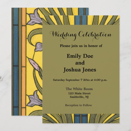 Iris Flower Art Nouveau Glas in lood blauw goud Kaart (Voorkant / Achterkant)