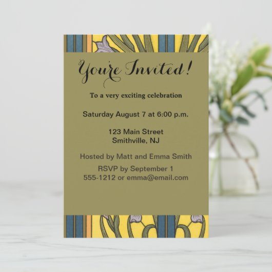 Iris Flower Art Nouveau Glas in lood blauw goud Kaart (Staand voorkant)