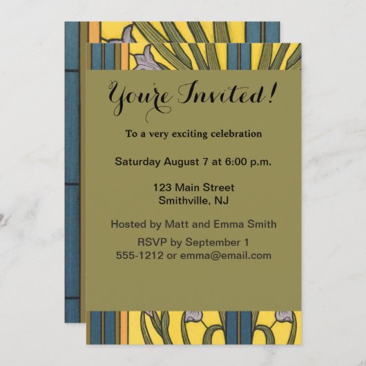 Iris Flower Art Nouveau Glas in lood blauw goud Kaart (Voorkant / Achterkant)