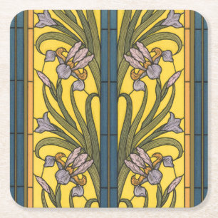 Iris Flower Art Nouveau Glas in lood blauw goud Kartonnen Onderzetters