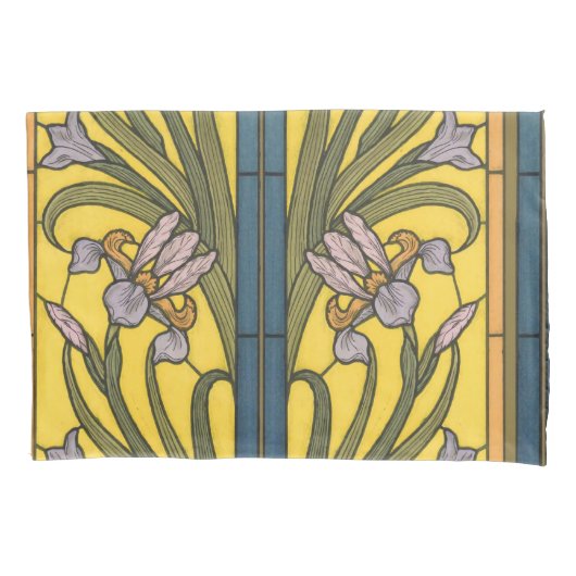 Iris Flower Art Nouveau Glas in lood blauw goud Kussensloop (Voorkant)
