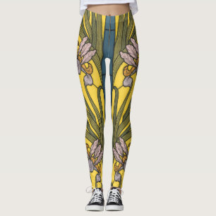Iris Flower Art Nouveau Glas in lood blauw goud Leggings