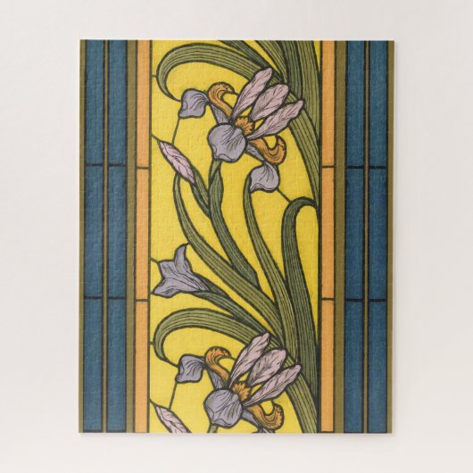 Iris Flower Art Nouveau Glas in lood blauw goud Legpuzzel (Verticaal)