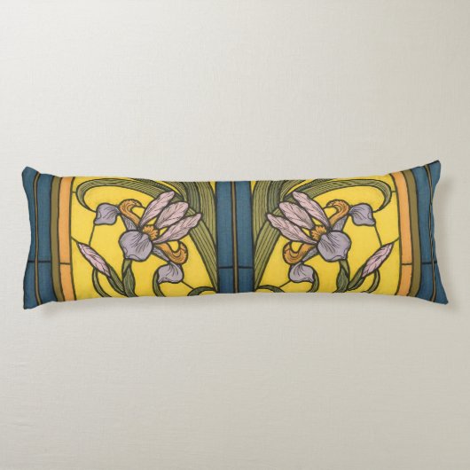 Iris Flower Art Nouveau Glas in lood blauw goud Lichaamskussen (Achterkant)