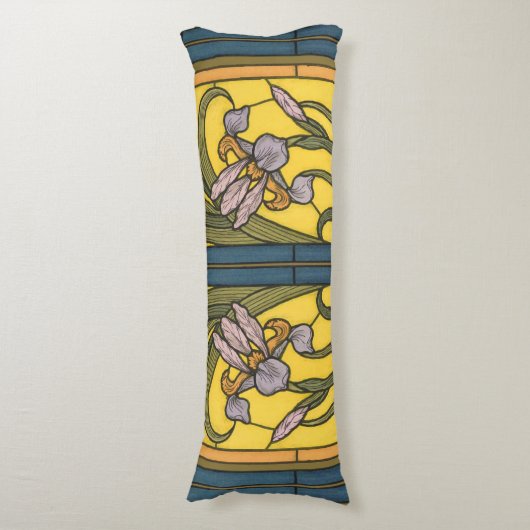 Iris Flower Art Nouveau Glas in lood blauw goud Lichaamskussen (Voorkant Verticaal)