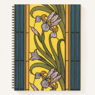Iris Flower Art Nouveau Glas in lood blauw goud Notitieboek