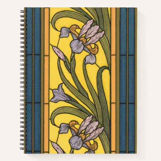 Iris Flower Art Nouveau Glas in lood blauw goud Notitieboek (Voorkant)