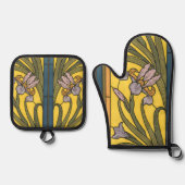 Iris Flower Art Nouveau Glas in lood blauw goud Ovenwant & Pannenlap Set (Voorkant)