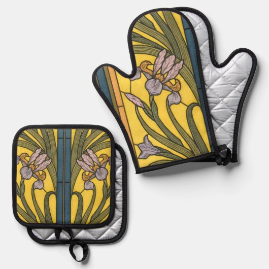 Iris Flower Art Nouveau Glas in lood blauw goud Ovenwant & Pannenlap Set (Voorkant / Achterkant)